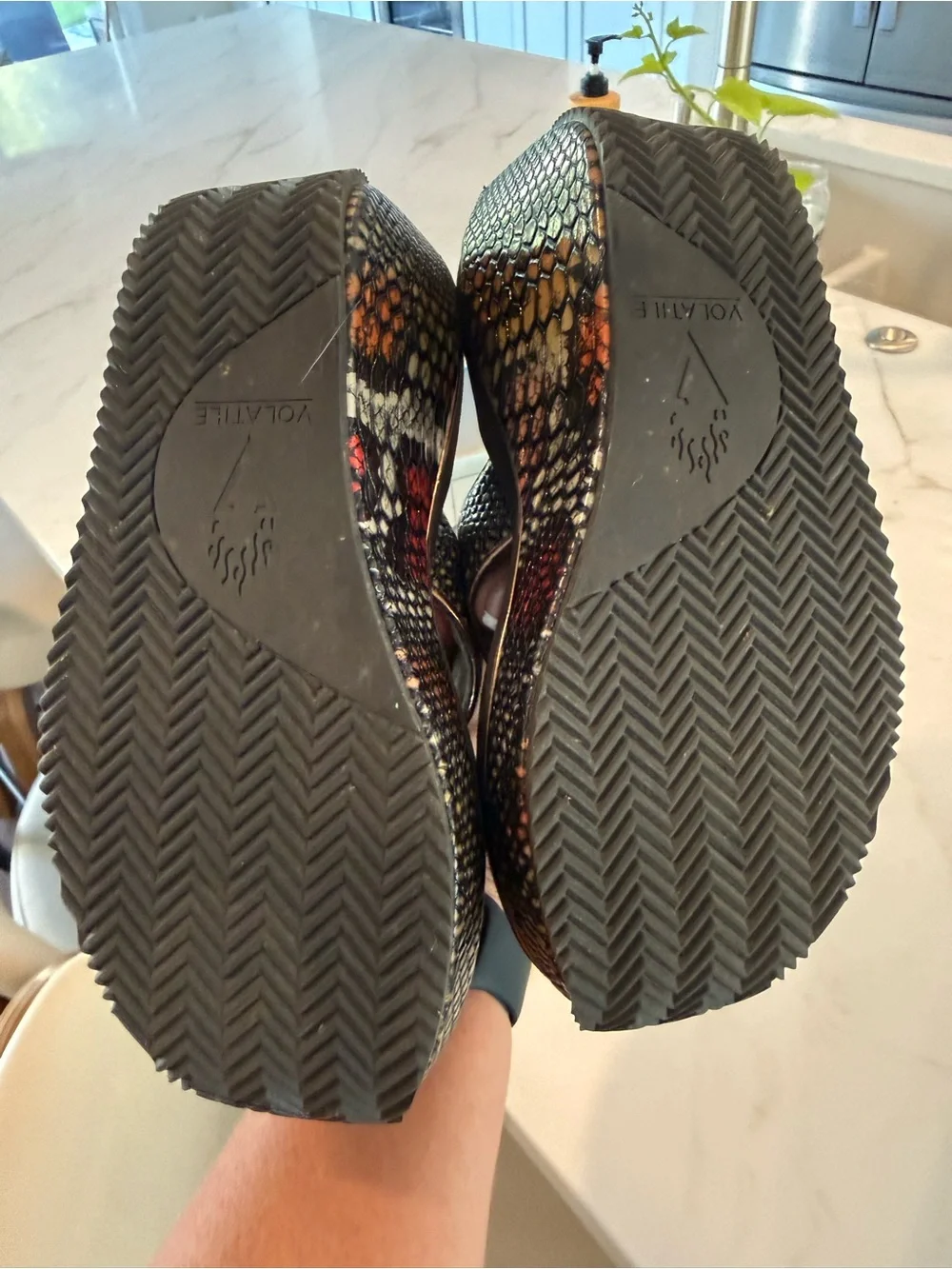 Volatile Metallic Brown and Red Snake-Print Wedge Platforms